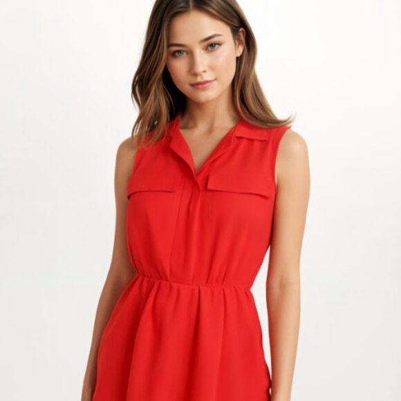 Cherry Red Dress W/pockets Tapered Waist, Contemporary Momcore,festival - Picture 1 of 15
